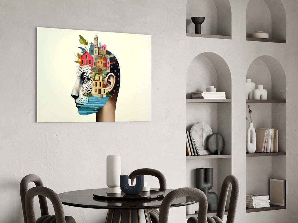 Memory-architecture cinematic glass wall art over modern dining sideboard
