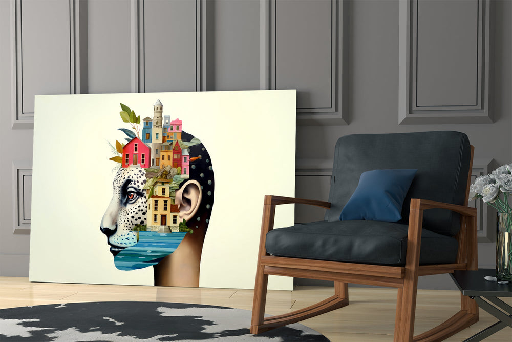 Digital collage cinematic glass wall art in private library reading nook