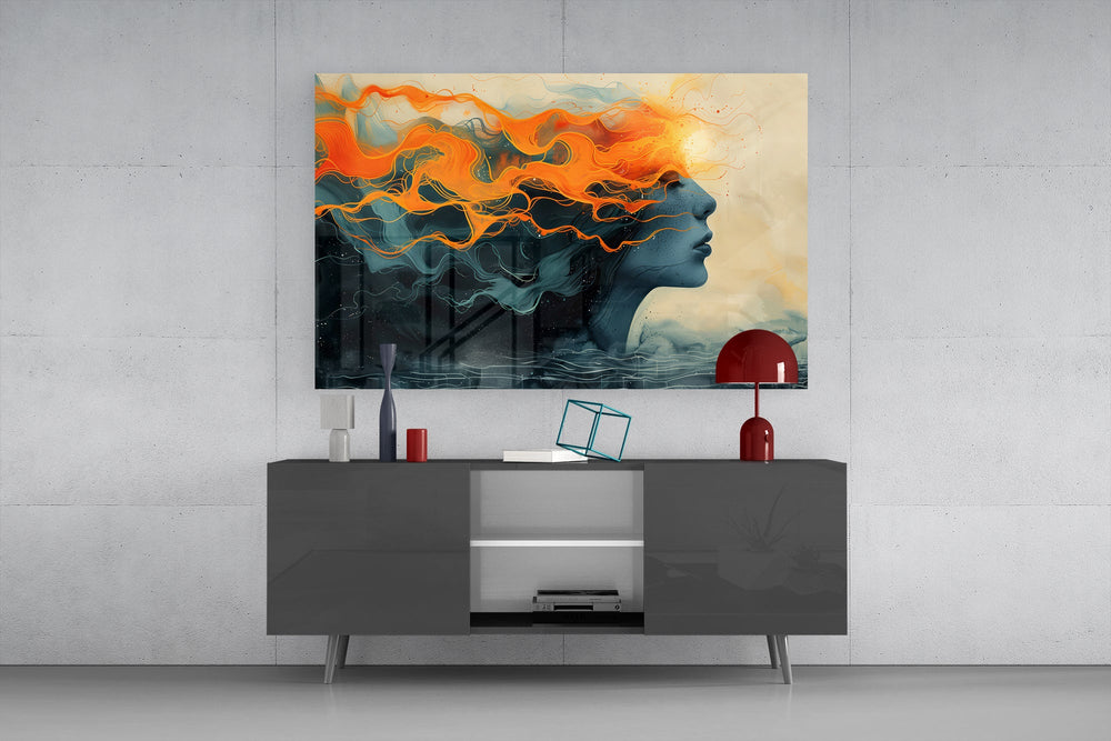 Elemental goddess cinematic glass wall art in light-filled atelier