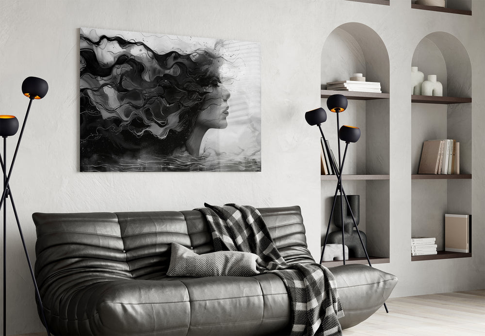 Monochrome muse cinematic glass wall art in creative studio