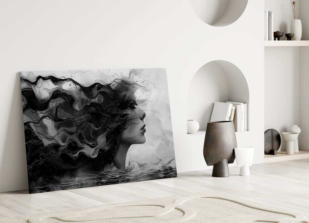 Japanese sumi-e cinematic glass wall art in heritage stairwell
