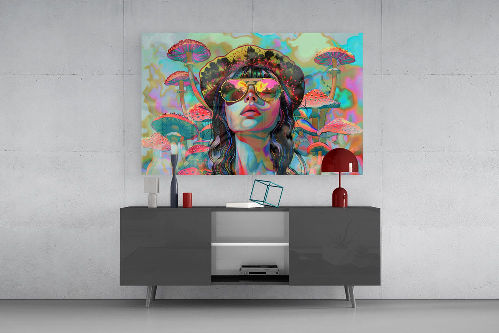 Forager-fantasy cinematic glass wall art in light-filled atelier