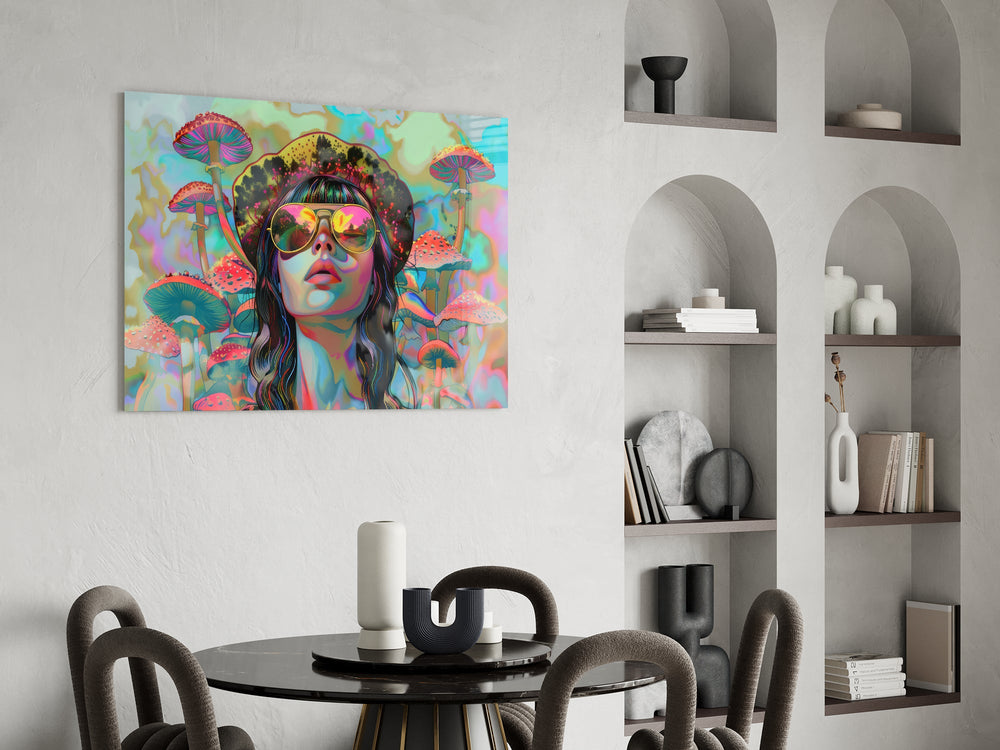 Fluid-art mushroom cinematic glass wall art over modern dining sideboard