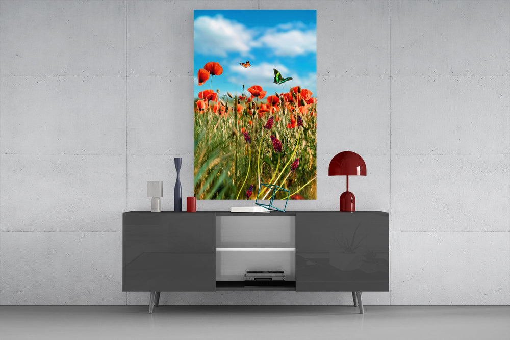 Wildflower butterflies cinematic glass wall art in light-filled atelier