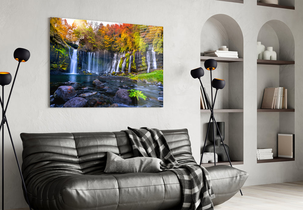 Silver waterfalls cinematic glass wall art in wellness retreat reception