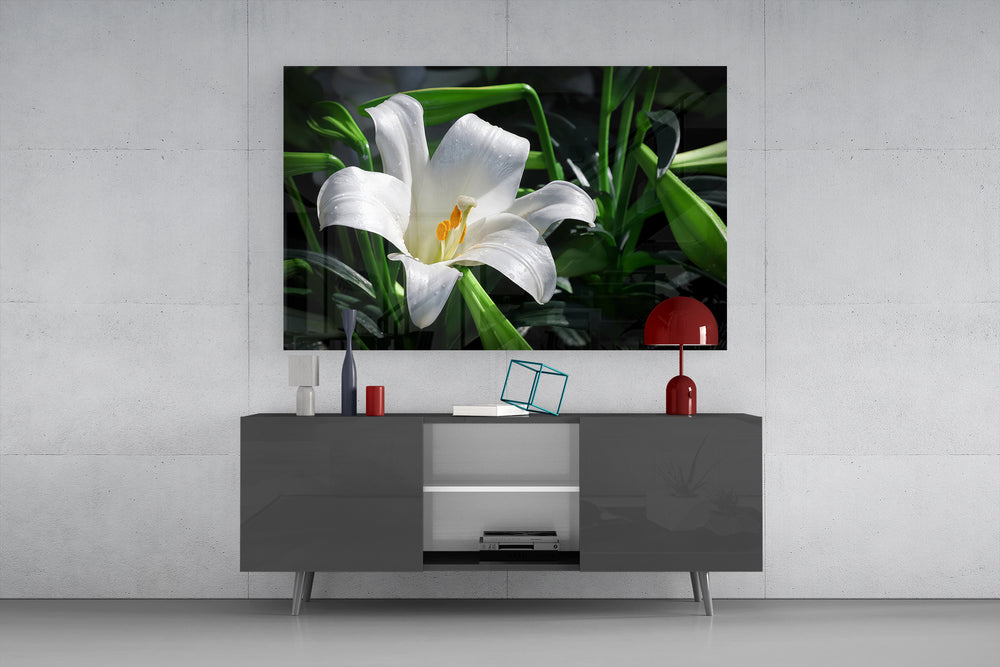 Botanical fine-art cinematic glass wall art in light-filled atelier