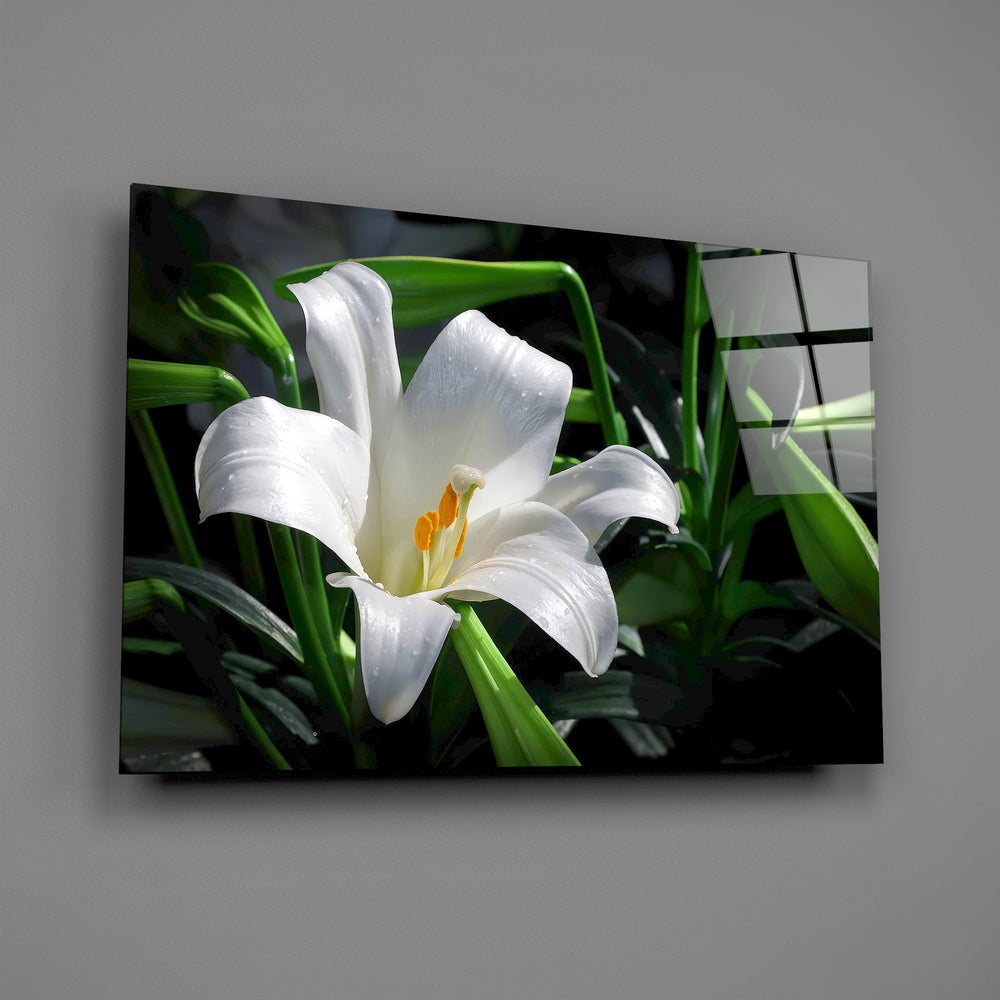 Old Master botanical Easter cinematic glass wall art in wellness clinic reception