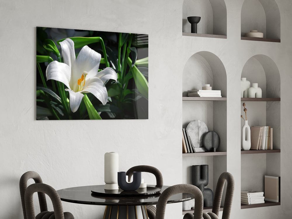 Saffron stamen lily cinematic glass wall art over modern dining sideboard