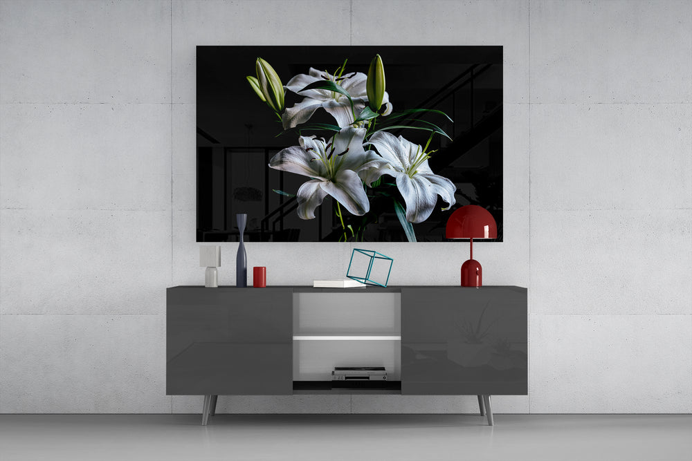 Old-Master botanical cinematic glass wall art in light-filled atelier
