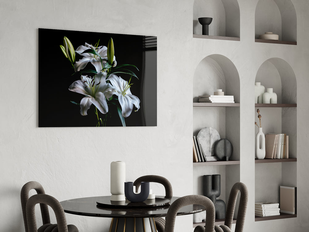 Botanical lily cinematic glass wall art over modern dining sideboard