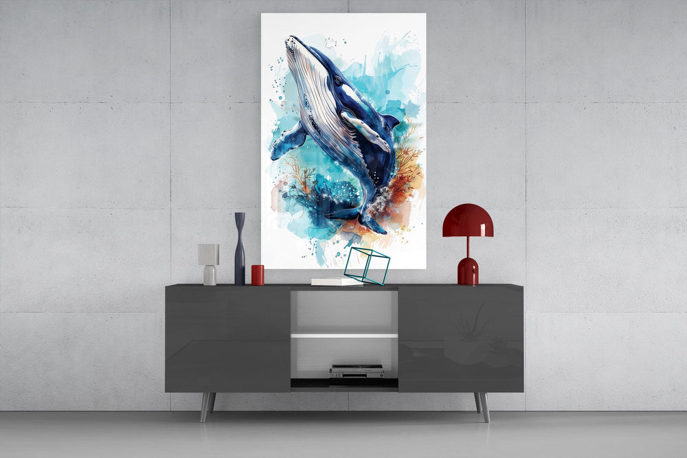 Wildlife watercolor cinematic glass wall art in light-filled atelier