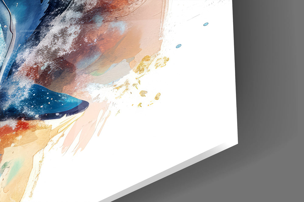 Watercolor whale cinematic glass wall art in coastal-themed sitting room