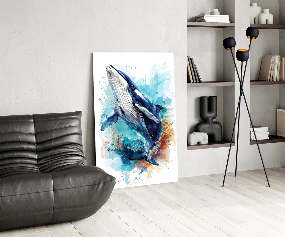 Whale breach cinematic glass wall art over modern dining sideboard