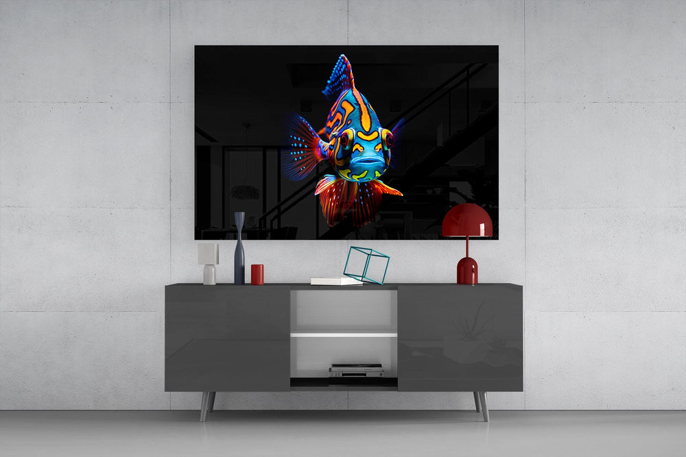 Marine-wildlife cinematic glass wall art in light-filled atelier