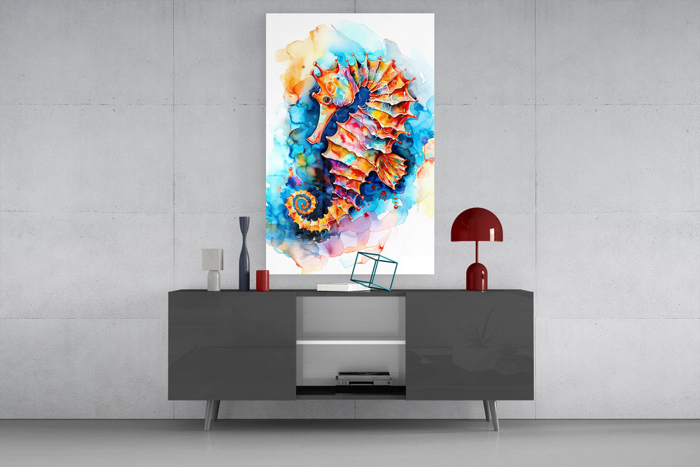 Watercolor wildlife cinematic glass wall art in light-filled atelier