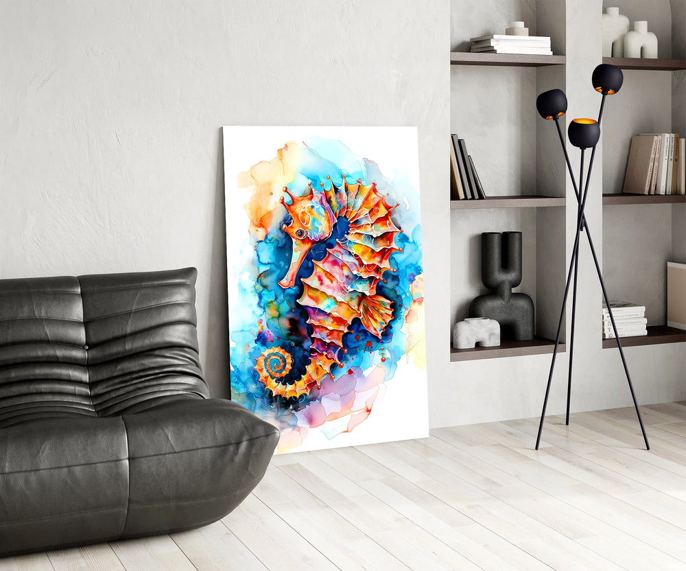 Tangerine-and-cobalt seahorse cinematic glass wall art over modern dining sideboard