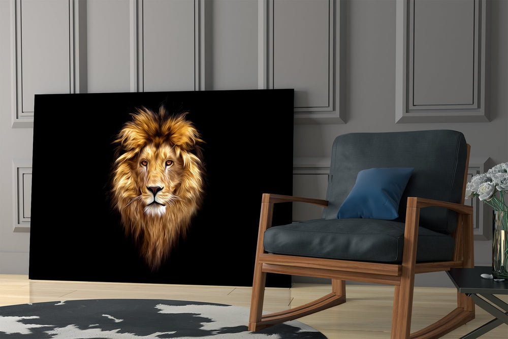 Regal lion portrait cinematic glass wall art in mountain-cabin great room