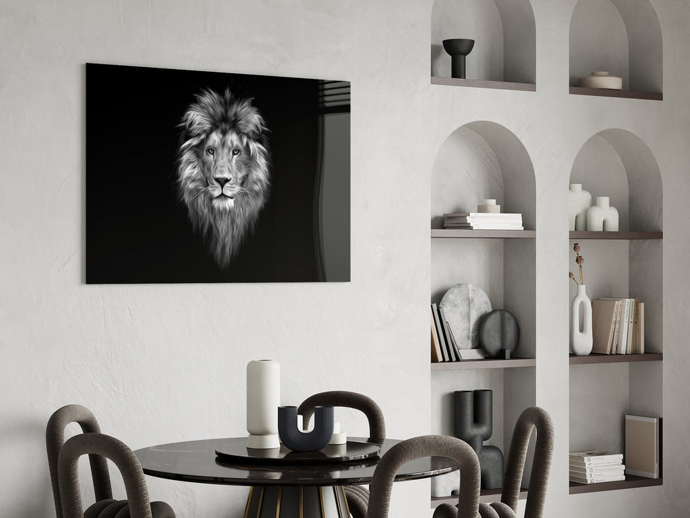 Painterly wildlife cinematic glass wall art over modern dining sideboard