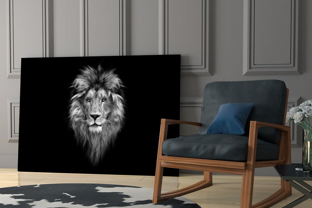 Monochrome lion portrait cinematic glass wall art in mountain-cabin great room