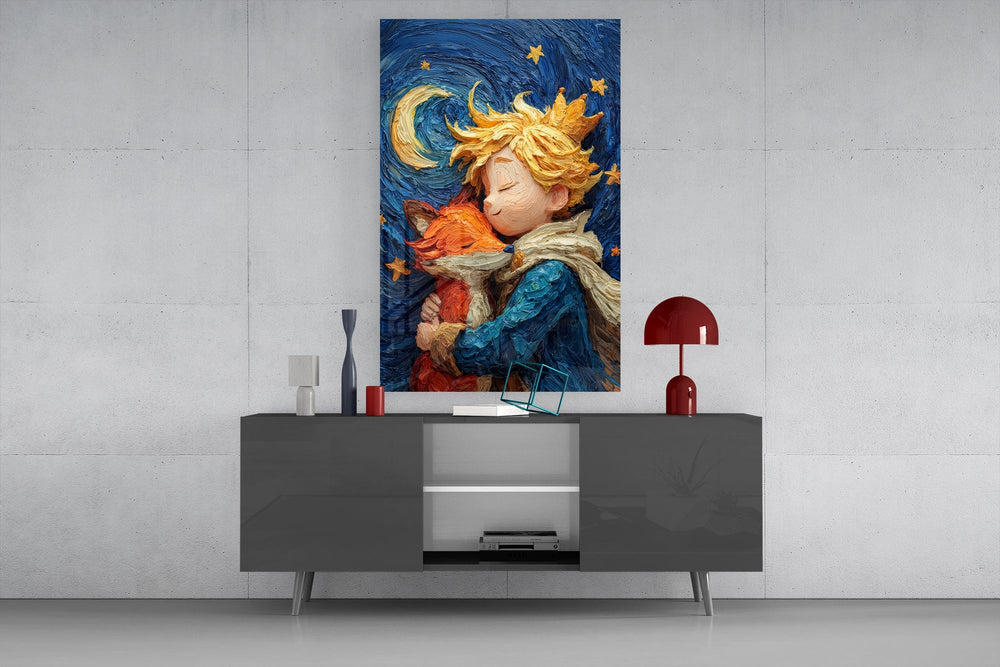 Van-Gogh impasto cinematic glass wall art in light-filled atelier