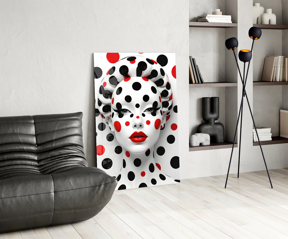 Red-and-black dots cinematic glass wall art over modern dining sideboard
