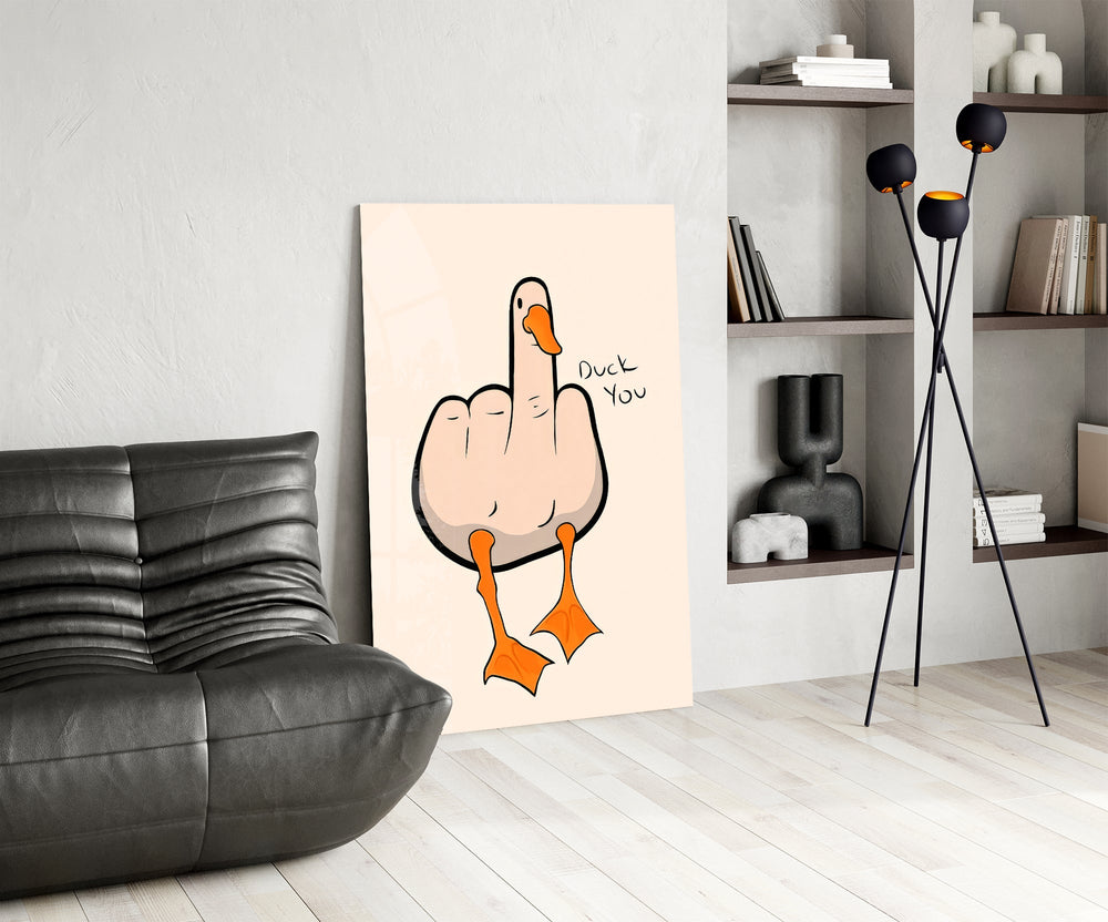 Cartoon duck cinematic glass wall art over modern bar console