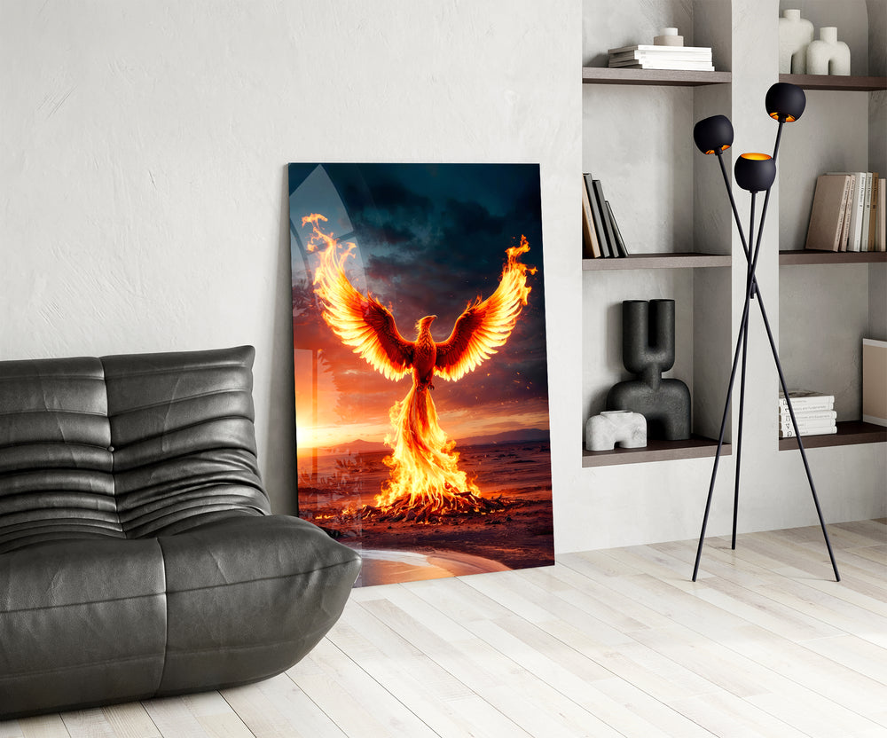 Scarlet flame phoenix cinematic glass wall art over modern dining sideboard