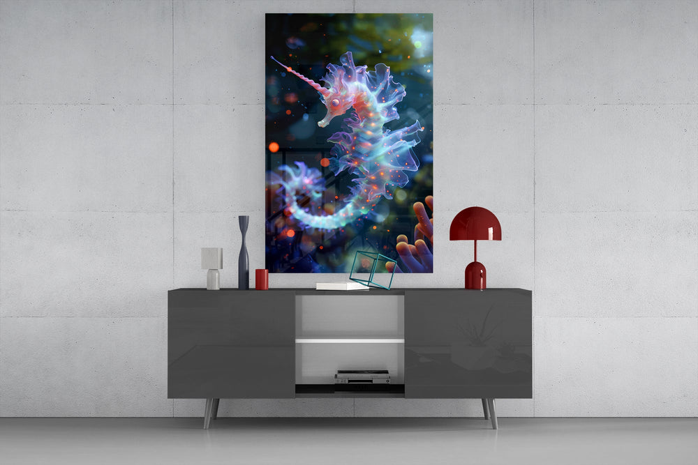 Reef-fantasy cinematic glass wall art in light-filled atelier