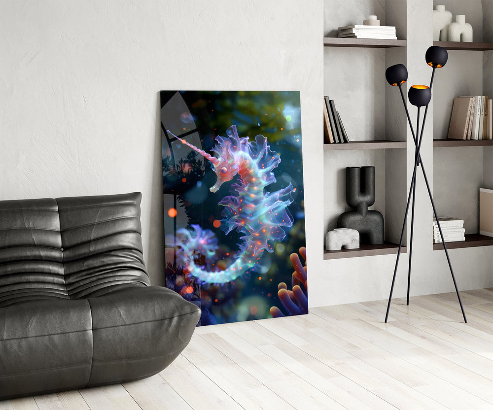 Cyan-and-violet seahorse cinematic glass wall art over modern dining sideboard