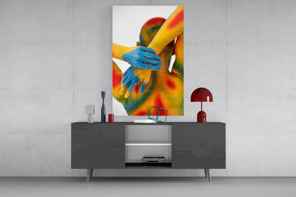 Body-art editorial cinematic glass wall art in light-filled atelier