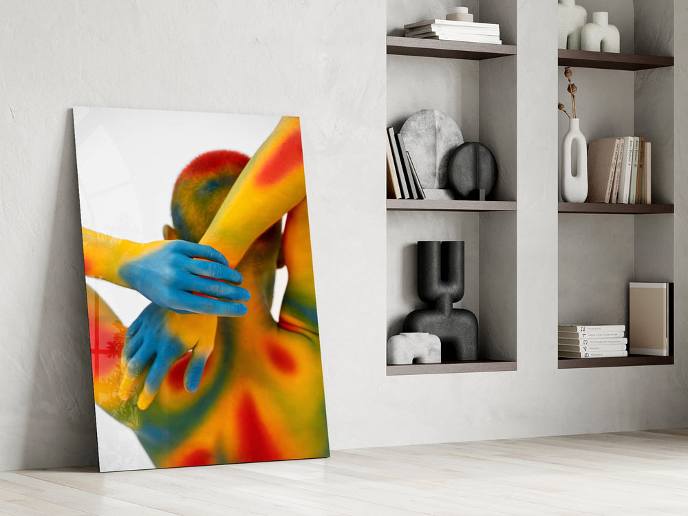 Rainbow body-paint cinematic glass wall art in private library reading nook