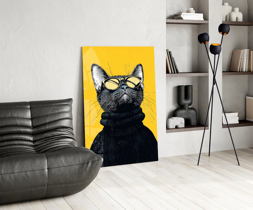 Saffron-shades cat cinematic glass wall art over modern dining sideboard