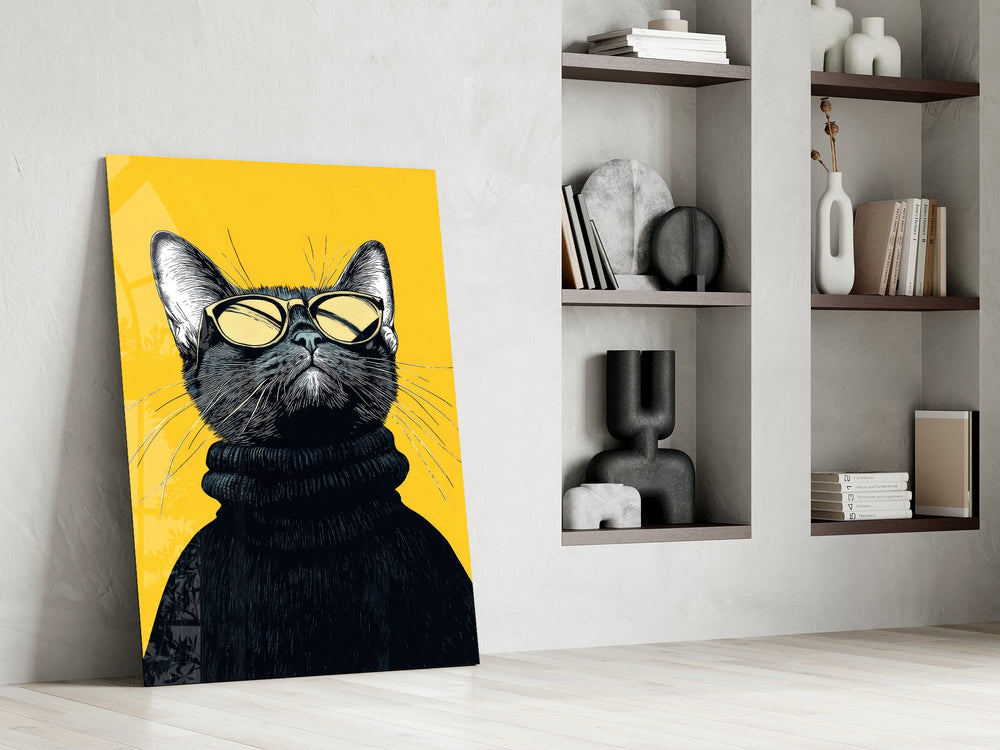 Editorial cat cinematic glass wall art in private library reading nook