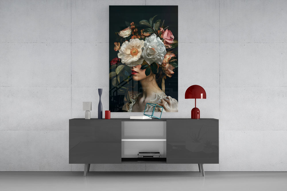 Old-Master femininity cinematic glass wall art in light-filled atelier