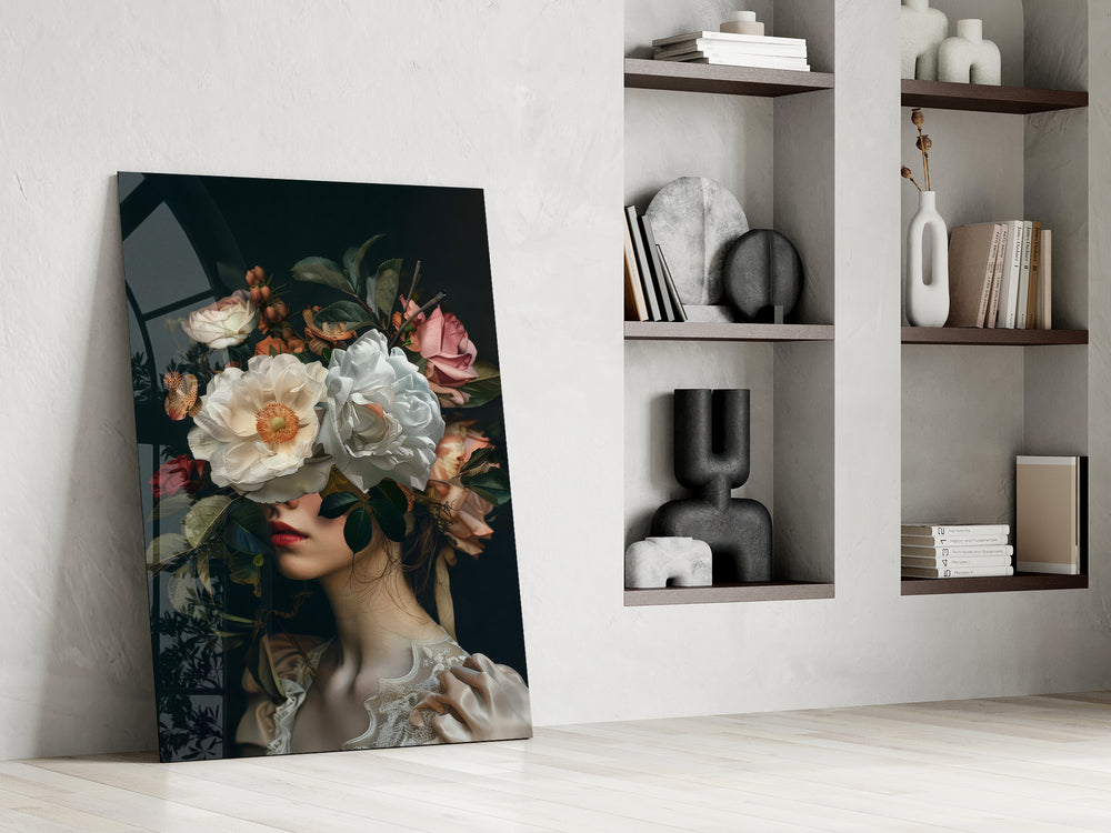 Surreal floral cinematic glass wall art in private library reading nook