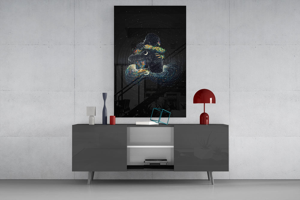 Digital fantasy cinematic glass wall art in light-filled atelier