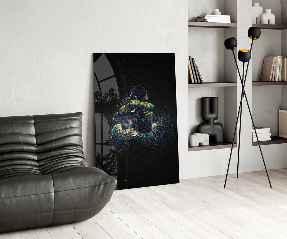 Crescent-moon couple cinematic glass wall art over modern dining sideboard