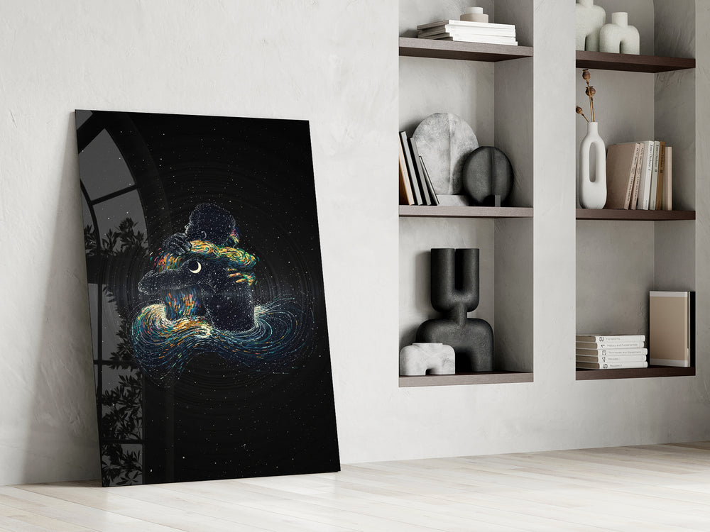 Prismatic spiritual cinematic glass wall art in private library reading nook