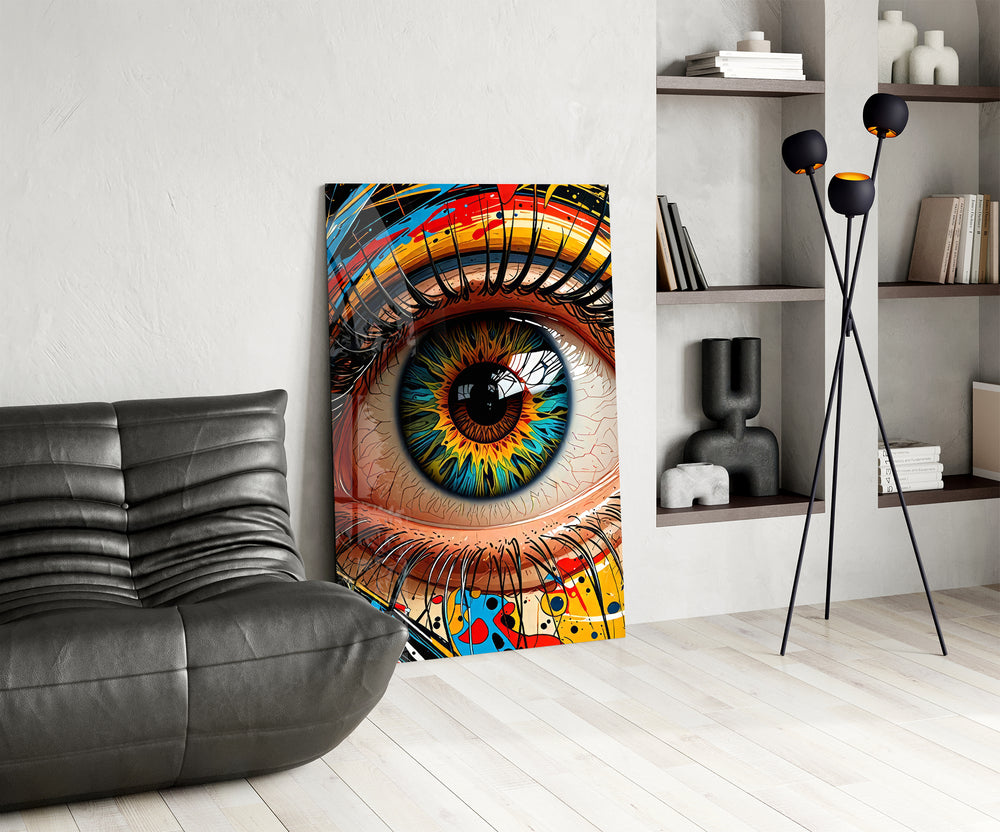 Pop-graffiti eye cinematic glass wall art over modern bar console