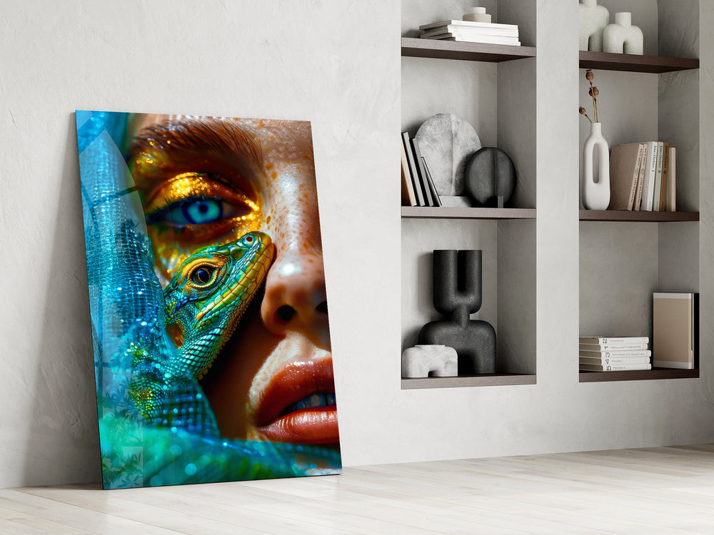 Freckled face cinematic glass wall art in private library reading nook