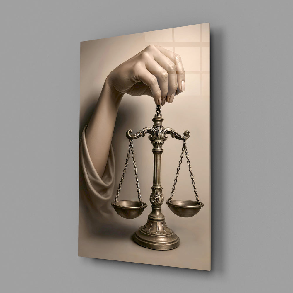 Lady Justice Renaissance cinematic glass wall art in corporate boardroom
