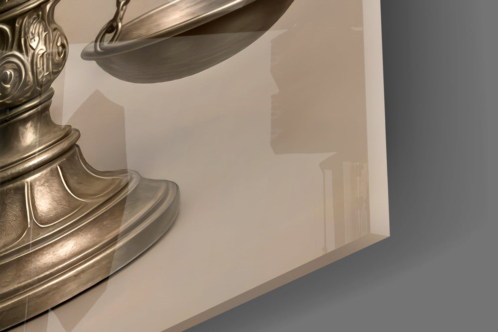 Classical-allegory cinematic glass wall art in barrister's chambers