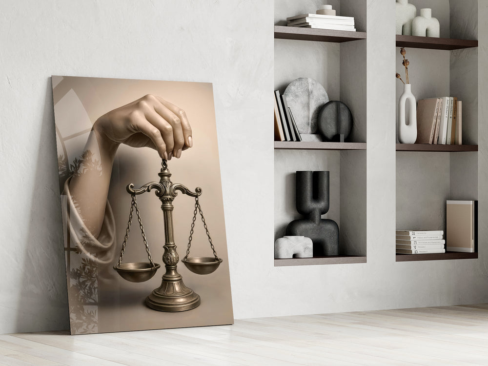 Lady-Justice portrait cinematic glass wall art in private library reading nook