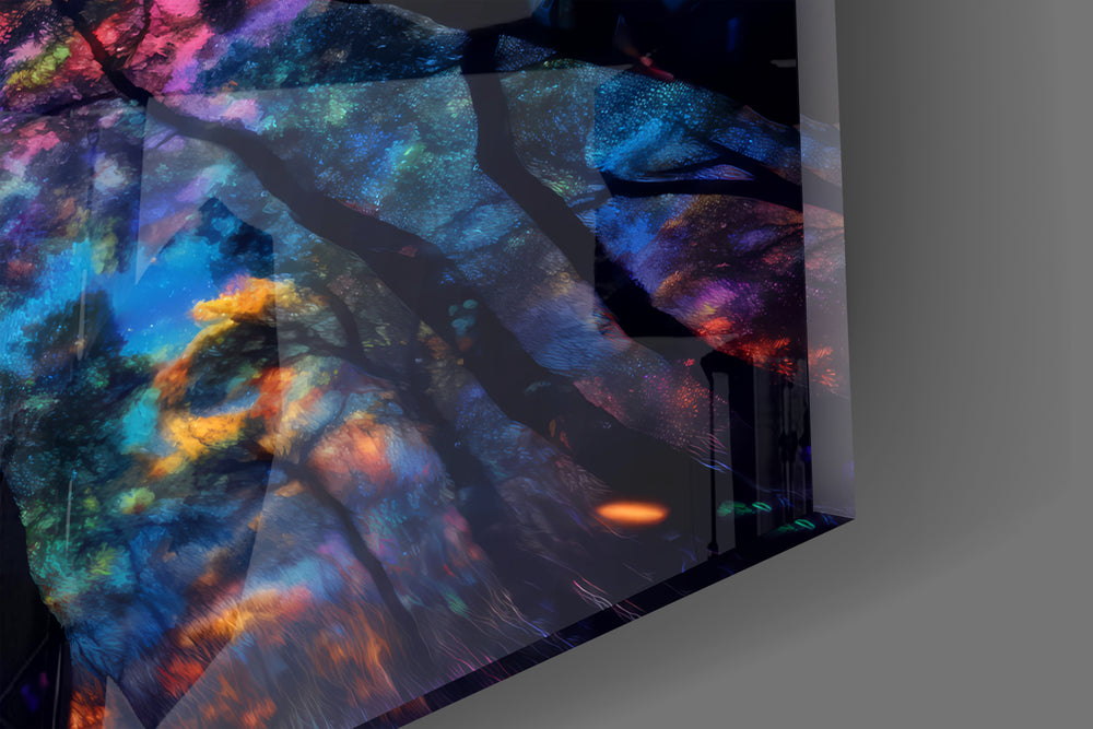 Rainbow canopy cinematic glass wall art in teen alt-music-fan bedroom