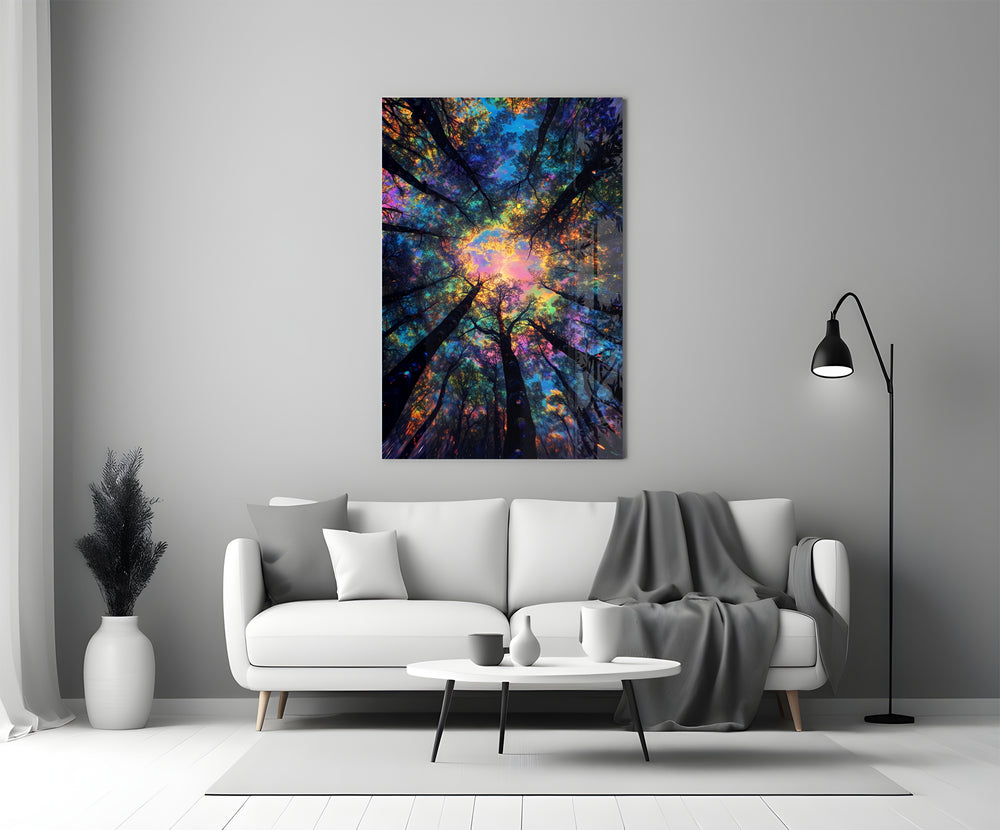 Peter-Max style cinematic glass wall art in heritage stairwell