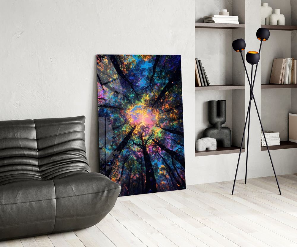 Prismatic leaves cinematic glass wall art over modern dining sideboard