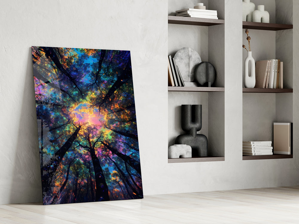 Pop-psychedelia cinematic glass wall art in private library reading nook