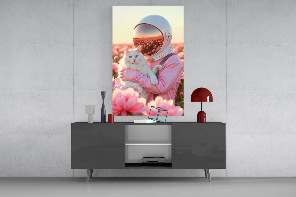 Surreal romance cinematic glass wall art in light-filled atelier
