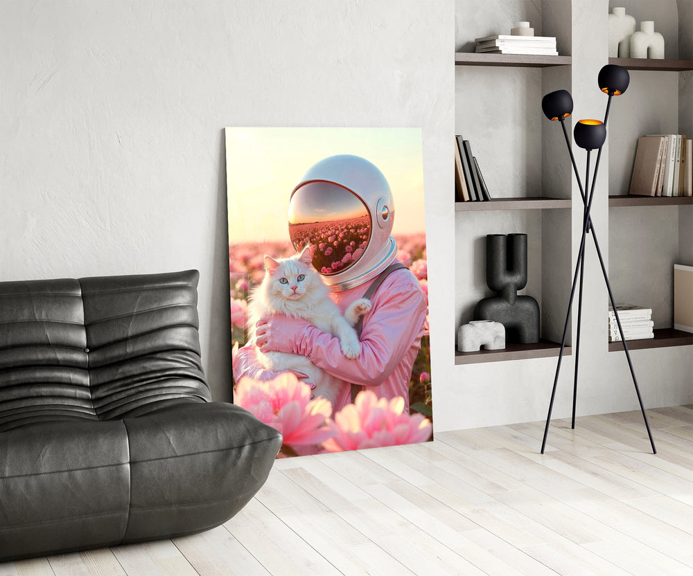 Peony-and-sunset cinematic glass wall art over modern dining sideboard