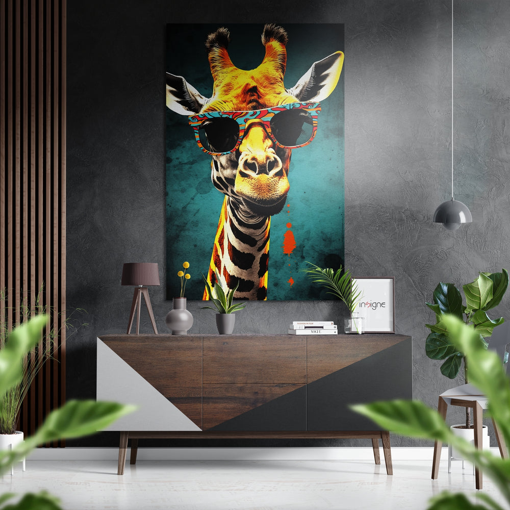 Happy Giraffe Brushed Aluminum Dibond Wall Art.